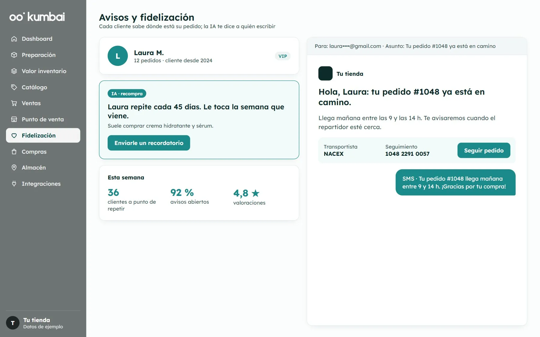 Kumbai: aviso al cliente y recompra con IA