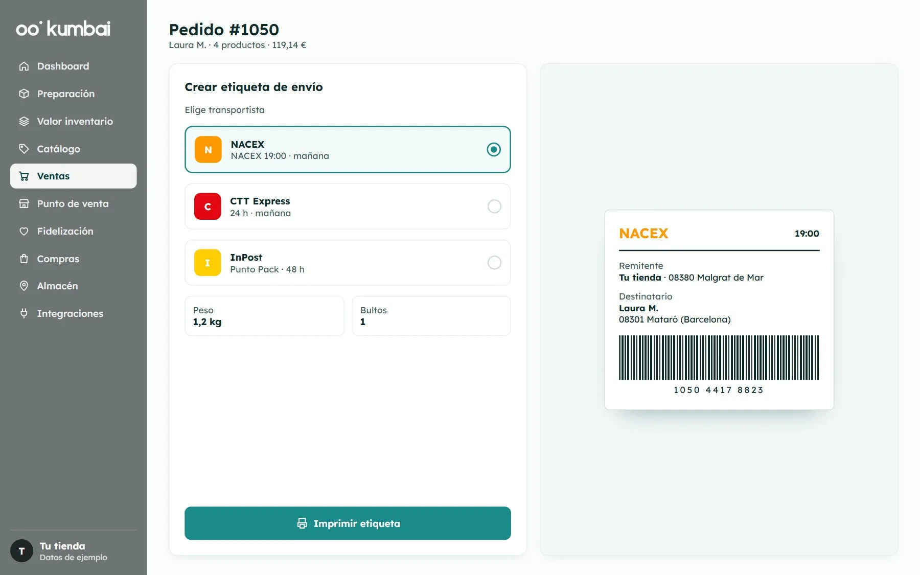 Kumbai: crear la etiqueta de envío
